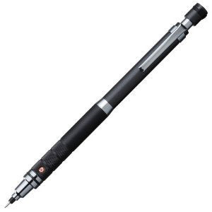 A gun metallic mechanical pencil with auto lead rotation, featuring a black body and gray details.