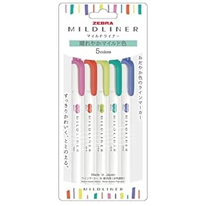 Zebra Mildliner WKT7-5C-YC Highlighter, Gentle Mild, Set of 5 Colors, Multicolor