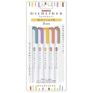Zebra Mildliner WKT7-5C-YC Highlighter, Gentle Mild, Set of 5 Colors, Multicolor