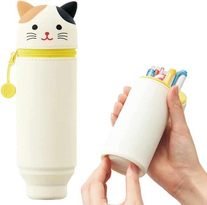 Lihit Lab PuniLabo Stand Pen Case (Pen Holder), 2. 4" x 7. 8", Creamy Cat - A-7712-7