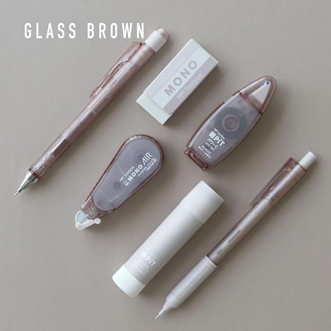 TOMBOWPCC-644BAZ MONO x PiT Stationery Set, Pastel Glass, Brown, 6 Piece Set (Mechanical Pencil 0.02 inch (0.5 mm) x 2 Pieces, Eraser, Glue Stick, Correction Tape, Tape Glue,