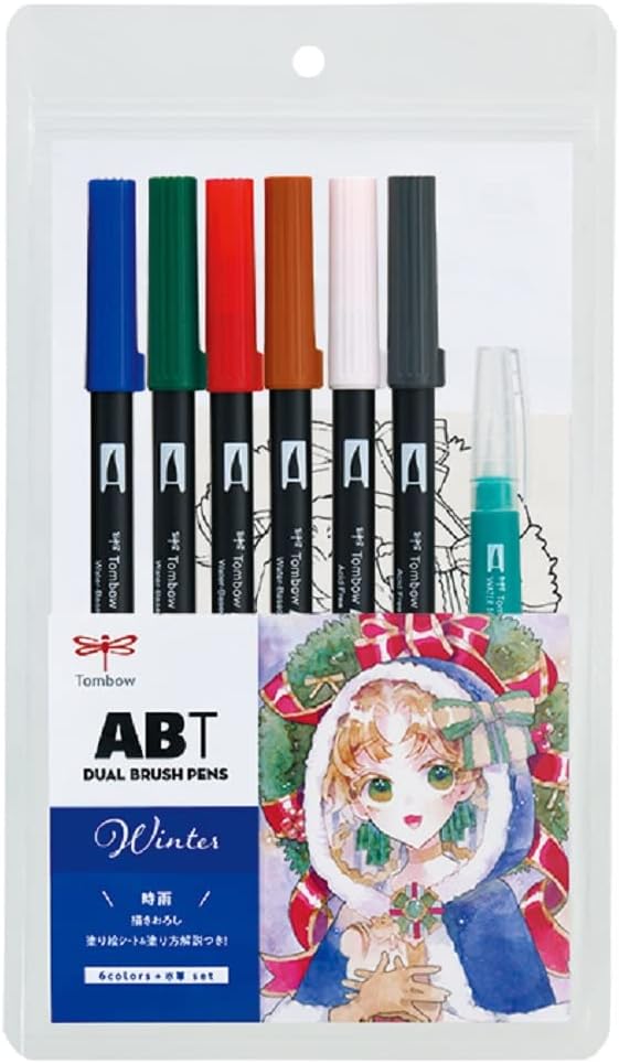 TOMBOW Pencil Brush Pen Dual Brush Pen ABT 6 Colors & Water Brush Illustration Set Flower AB-T6CFRQA
