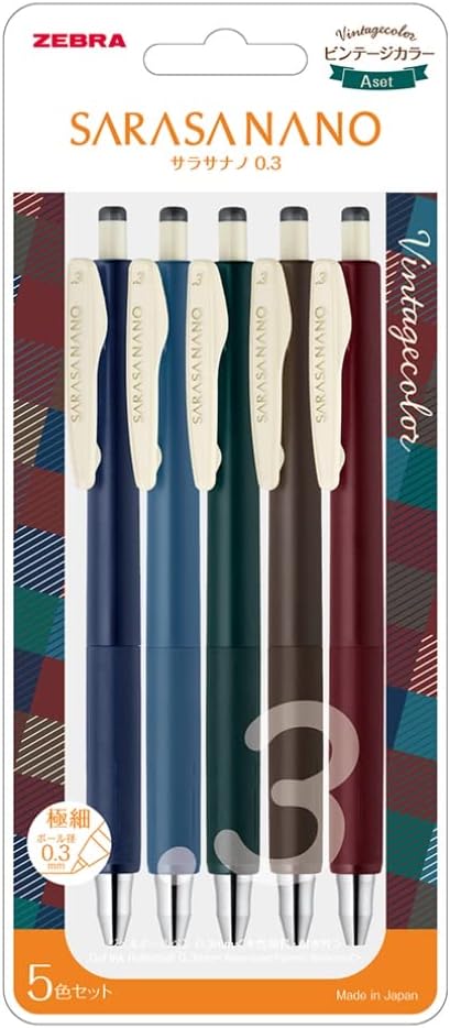 Zebra Sarasa Nano JJH72-5C-A Gel Ballpoint Pen, 0.01 inches (0.3 mm), Vintage, Set of 5 Colors (JJH72-5C-B)