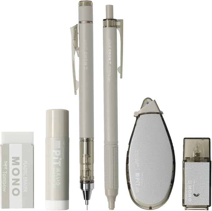 TOMBOW PCC-643AAZ MONO PIT Stationery Set, 6 Pieces, Ash Color, Taupe Mechanical Pencil, 0.3mm Set
