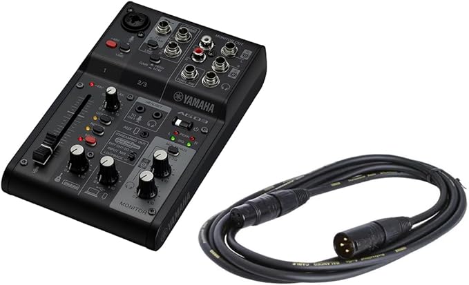 Yamaha AG03MK2 B MC Live Streaming Mixer 3m Microphone Cable Set, 3 Channels, Black