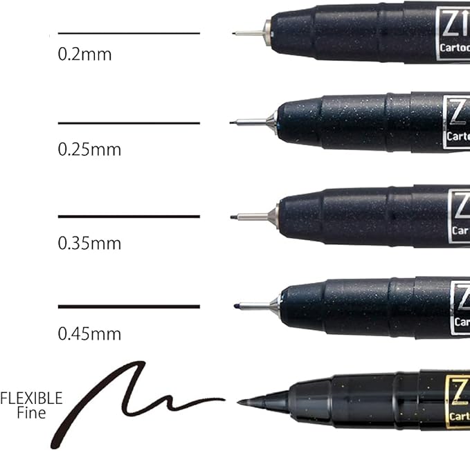 Kuretake ZIG CARTOONIST Mangaka, Black, Set of 5, Art, Illustration, Lettering, Graphic Designer, Urban Artist, Papercraft, AP Certified