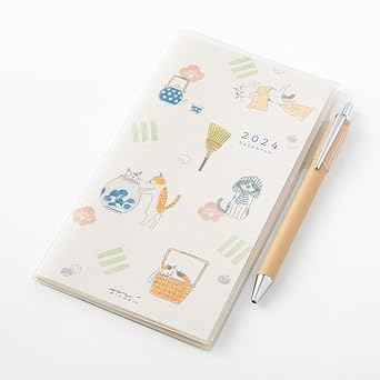 Midori Pocket Diary Notebook, 2024, Slim, Monthly Cat Pattern, Starts October (Cat Print)