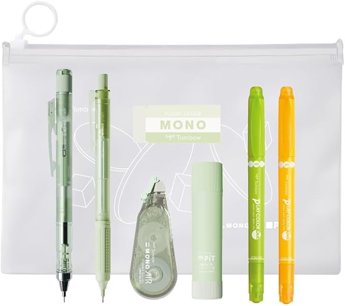 Tombow PCC-645CPAZ Mono PiT Stationery Set, Pastel Glass, Green (Mechanical Pencil 0.5 mm x 2, Eraser, Glue Stick, Correction Tape, Color Pen x 2), Limited Pouch
