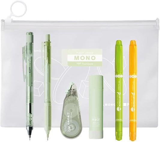 Tombow PCC-645CPAZ Mono PiT Stationery Set, Pastel Glass, Green (Mechanical Pencil 0.5 mm x 2, Eraser, Glue Stick, Correction Tape, Color Pen x 2), Limited Pouch