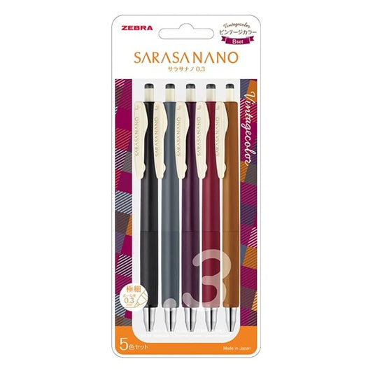 Zebra Sarasa Nano JJH72-5C-A Gel Ballpoint Pen, 0.01 inches (0.3 mm), Vintage, Set of 5 Colors (JJH72-5C-B)