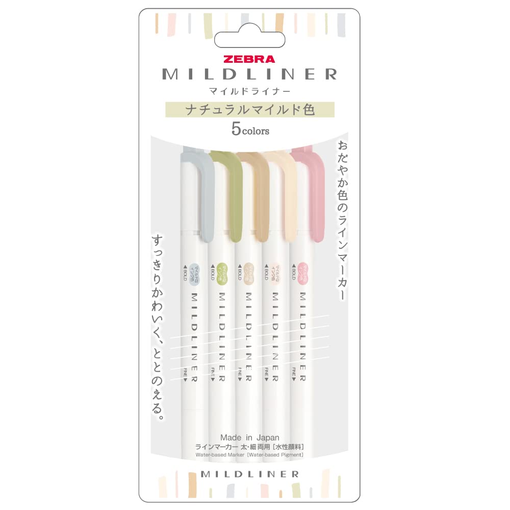 Zebra Mildliner WKT7-5C-NTC Highlighter, Natural Mild, 5 Colors Set