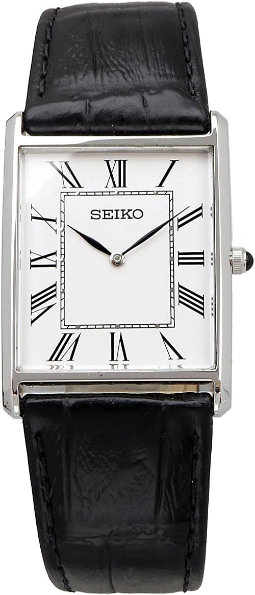 Seiko SWR049 Men's Wristwatch, Square Design, Quartz, White Dial x Black Leather Band, Classic