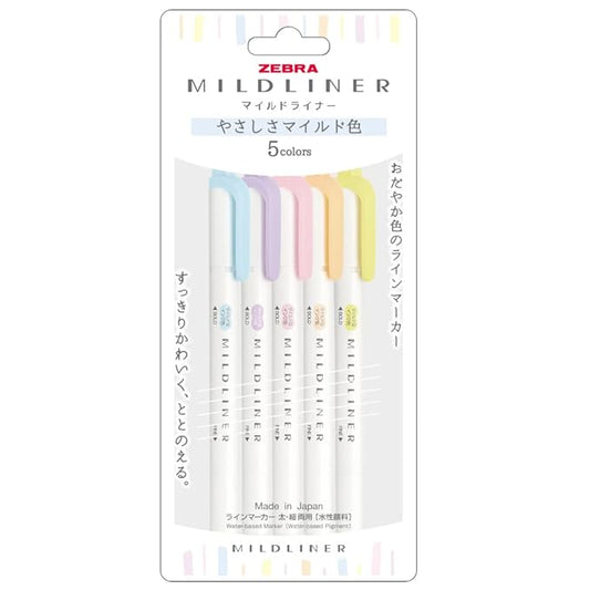 Zebra Mildliner WKT7-5C-YC Highlighter, Gentle Mild, Set of 5 Colors, Multicolor