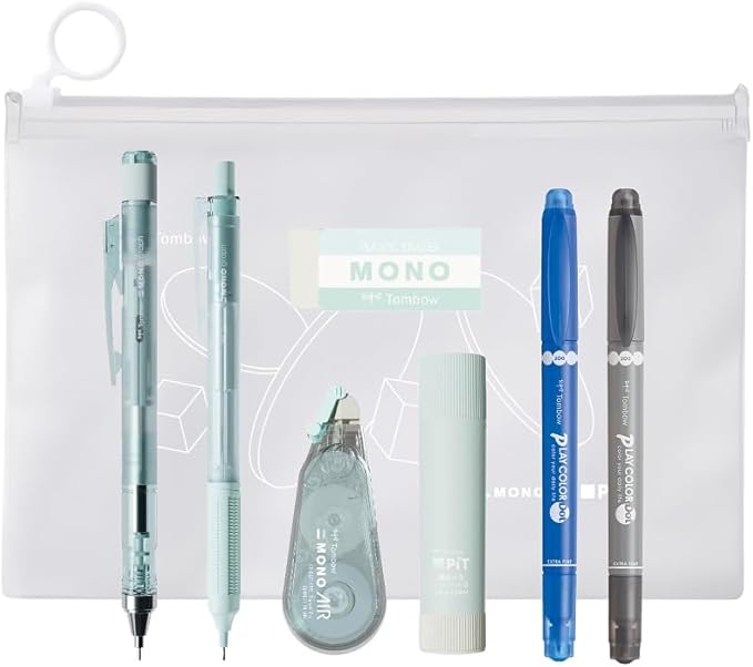 Tombow PCC-645CPAZ Mono PiT Stationery Set, Pastel Glass, Green (Mechanical Pencil 0.5 mm x 2, Eraser, Glue Stick, Correction Tape, Color Pen x 2), Limited Pouch