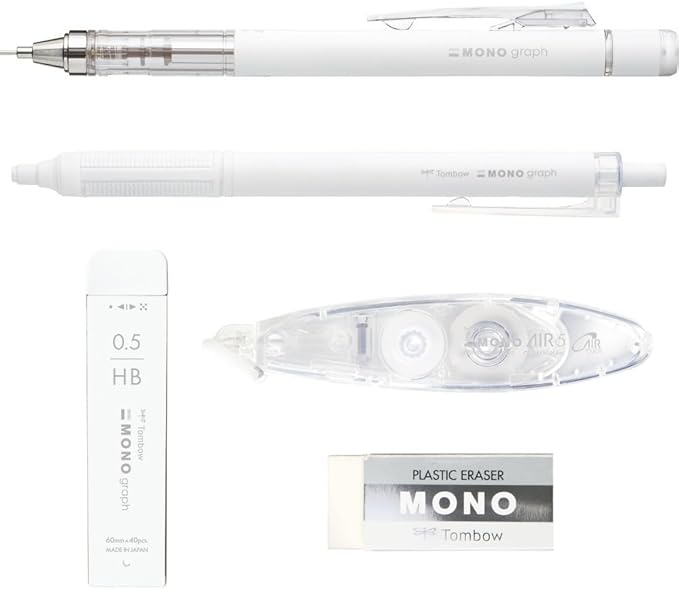 Tombow Pencil MONO PCC-541CAZ Stationery Set, Grayscale, Light Gray, 5 Piece Set (Mechanical Pencil, Pencil Lead, Eraser, Ballpoint Pen Correction Tape)