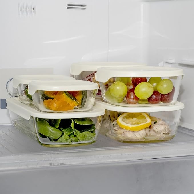HARIO KSTL-3508-OW Stacking Heat-Resistant Glass Containers + Mini Square Small Bowls, Set of 5