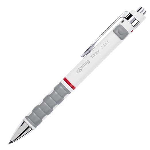 Rotring 1904451 Tikky 3-in-1 Mechanical Pencil/Ballpoint Pen/Highlighting Pen, 0.5 mm, White Barrel, Black & Red Ink
