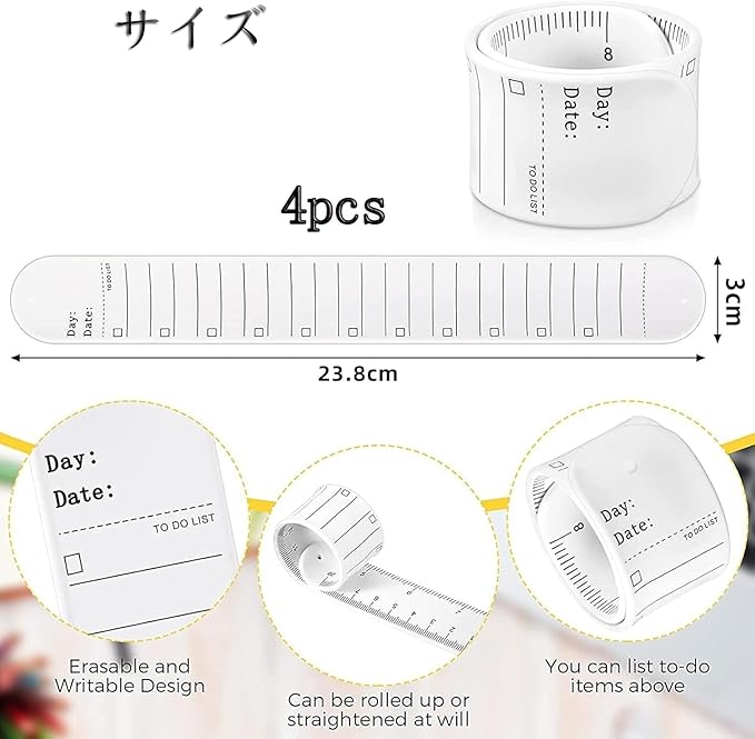 WEMO Wearable Memo - Set of 4 Wrap Around Your Wrist Notes, Wearable Memo Bands, Wrap Around Your Arm, Wrist Notepad, Wristband, Memo, Silicone, Write & Erase, Waterproof to Do Lists