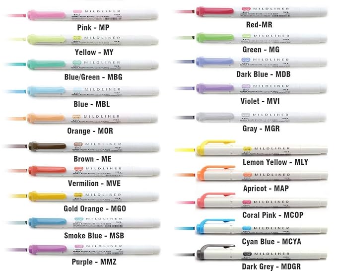 Zebra Mildliner Broad, Fine highlighter pen set, 20 Pastel Color set (Assorted)
