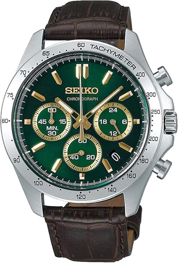 Seiko SBTR017 Men's 1/5 Second Chronograph Quartz Wristwatch, Green Brown Leather, Green Brown Leather SBTR017, Chronograph with 3 sides and 60 minutes