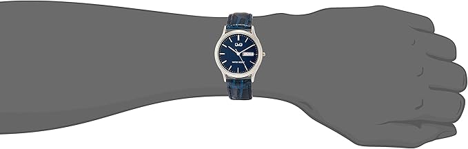 Citizen Q&Q A204-302 Men's Wristwatch, Analog Waterproof, Date, Week, Leather Strap, Navy, Dial Color - Blue, Watch with date and day display