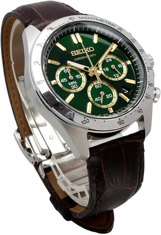 Seiko SBTR017 Men's 1/5 Second Chronograph Quartz Wristwatch, Green Brown Leather, Green Brown Leather SBTR017, Chronograph with 3 sides and 60 minutes