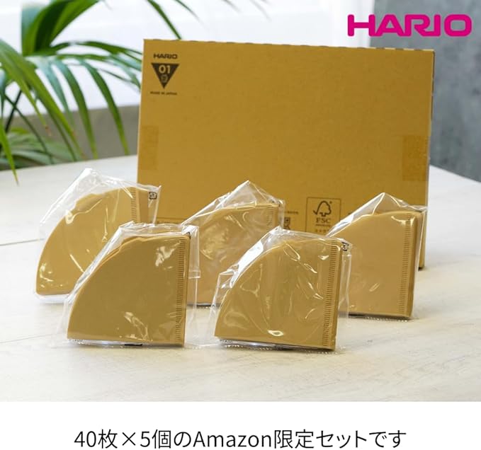 Hario VCF-01-40M-5S-AZ+ V60 Coffee Filter, For 1-2 Cups, 200 Sheets, Set of 40 Sheets × 5 Packs, Amazon Original Set, Made in Japan, FSC Certified Product, 01, M, Unbleached