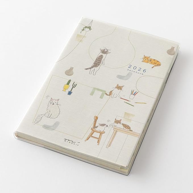 Midori 22373006 Pocket Diary, 2026, Weekly Limited Edition, Includes Bookmark, Cat Pattern (Begins January 2026)
