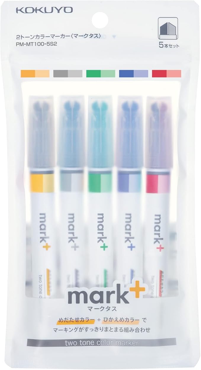 KOKUYO PM-MT100-5S2 Highlighter, 2 Tone Color Markers, Marktus, Set of 5 Colors