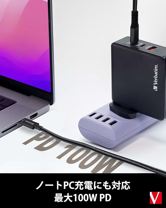 Verbatim CBCC32G2SLV1-A Heavy Duty USB Cable, 39.4 inches (100 cm), Type-C to C, USB3.2, Gen2x2, PD, 100W, Laptop Charging, Supports 4K, 60Hz, Video Output, Ultra Fast Data Transfer, 20Gbs, Silver