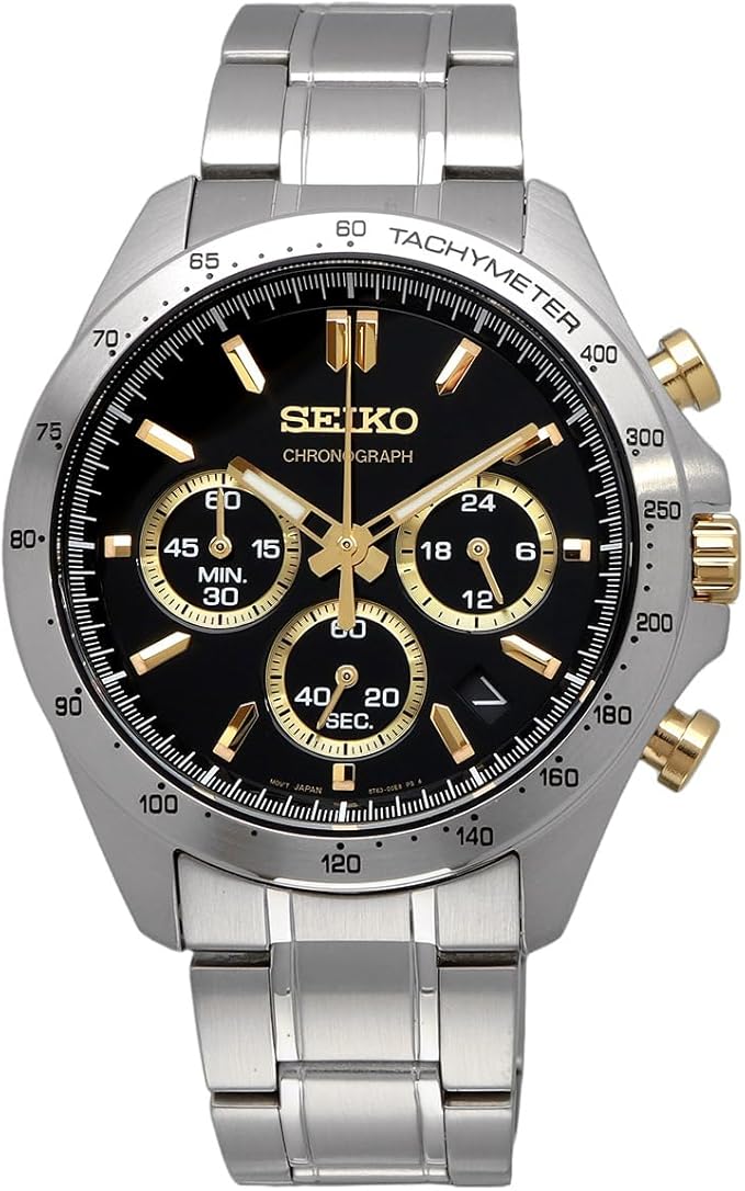 Seiko SBTR015 Men's 1/5 Second Chronograph Quartz Wristwatch, Black x Gold, Black x Gold SBTR015, Chronograph with 3 sides and 60 minutes