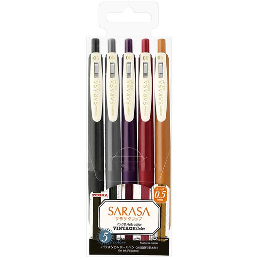 Zebra Sarasa Clip 0.5 Retractable Gel Ink Pen, Rubber Grip, 0.5 Mm, Vintage Colors, 5 Color Ink (Jj15-5C-Vi2), Ink Assorted