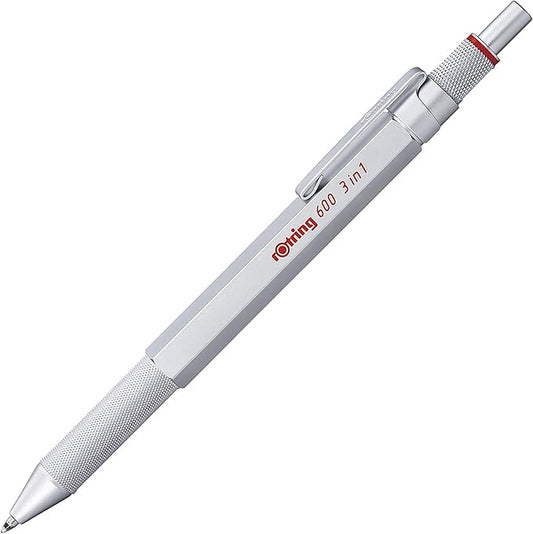 Rotring Multi-Pen, Silver, 600, 3 in 1, 2164109 Rotring Mechanical Pen, High Quality Writing Equipment, Stationery, Made in Germany, Drafting, Pen, Professional Ballpoint Pen