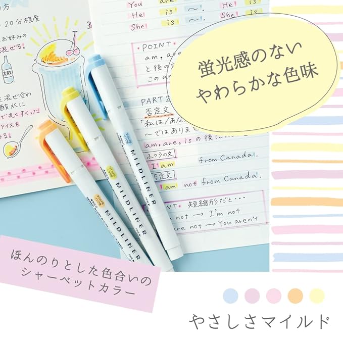 Zebra Mildliner WKT7-5C-YC Highlighter, Gentle Mild, Set of 5 Colors, Multicolor