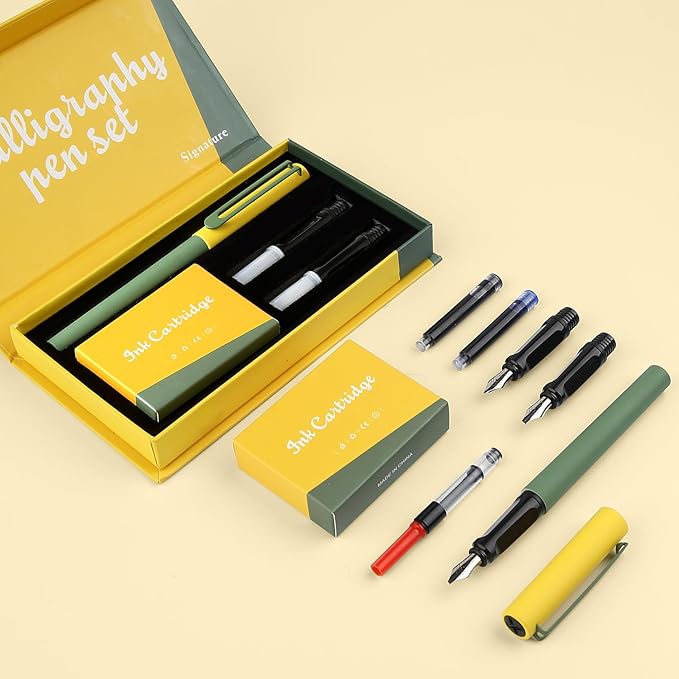 Mancola MA-F118 Fountain Pen Set with 1 Fountain Pen, 3 Different Nibs, 18 Ink Cartridges (13 Colors) with Color Contrast Design