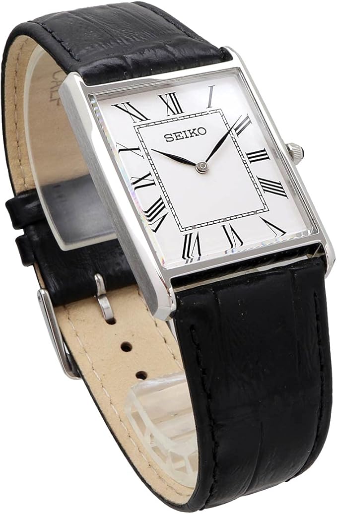 Seiko SWR049 Men's Wristwatch, Square Design, Quartz, White Dial x Black Leather Band, Classic