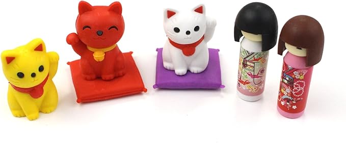 Iwako Kokeshi and Maneki-neko Erasers, 10-Piece Blister