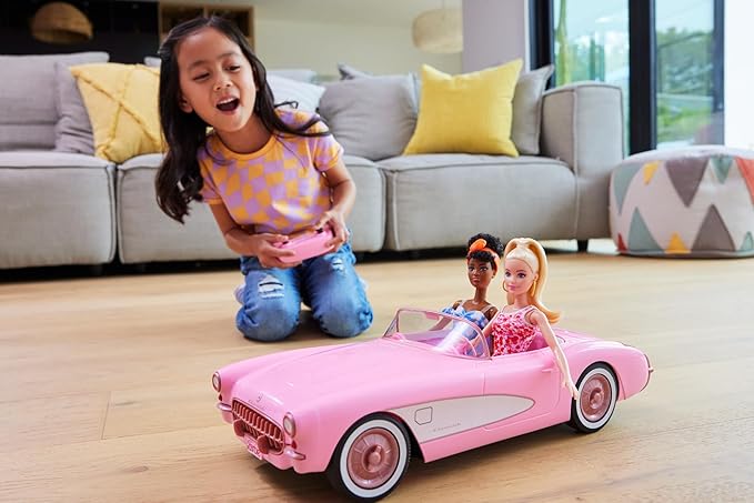 Barbie Corvette, Battery-Operated Remote-Control Toy Car from Barbie The Movie, Holds 2 Barbie Dolls, Trunk Opens for Storage