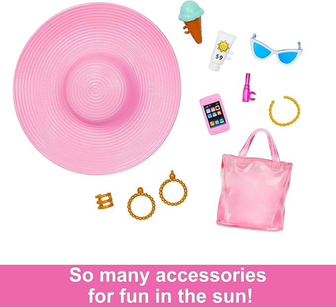 BARBIE - Blonde Puppe mit pink-weißem Badeanzug, Sonnenhut, Tragetasche und Strand-Accessoires, für Kinder ab 3 Jahren, HPL73