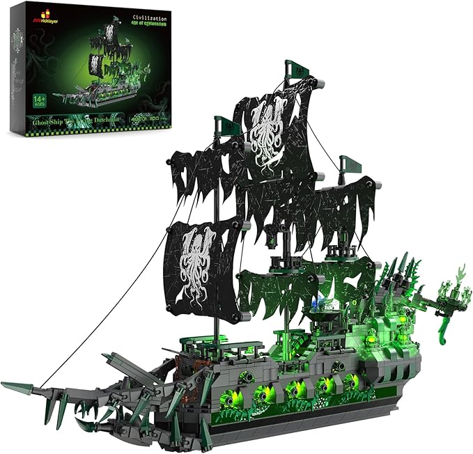 JMBricklayer Pirate Ship Building Blocks Set with Lights Ghost Ship Flying Dutchman Model Ship Boat 40001 Adult Boat Building Toys Halloween Decoration Christmas Birthday Gift Boys Girls 14+ Years Old