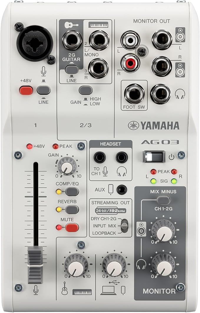 Yamaha AG03MK2W MC Live Streaming Mixer, 3 m Microphone Cable Set, 3 Channels, White