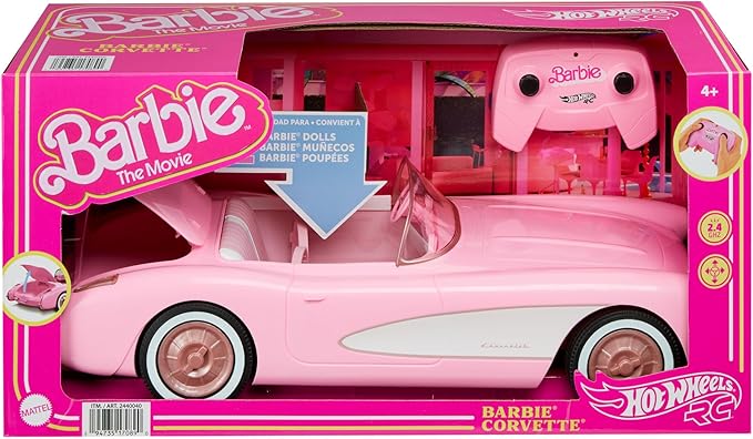 Barbie Corvette, Battery-Operated Remote-Control Toy Car from Barbie The Movie, Holds 2 Barbie Dolls, Trunk Opens for Storage