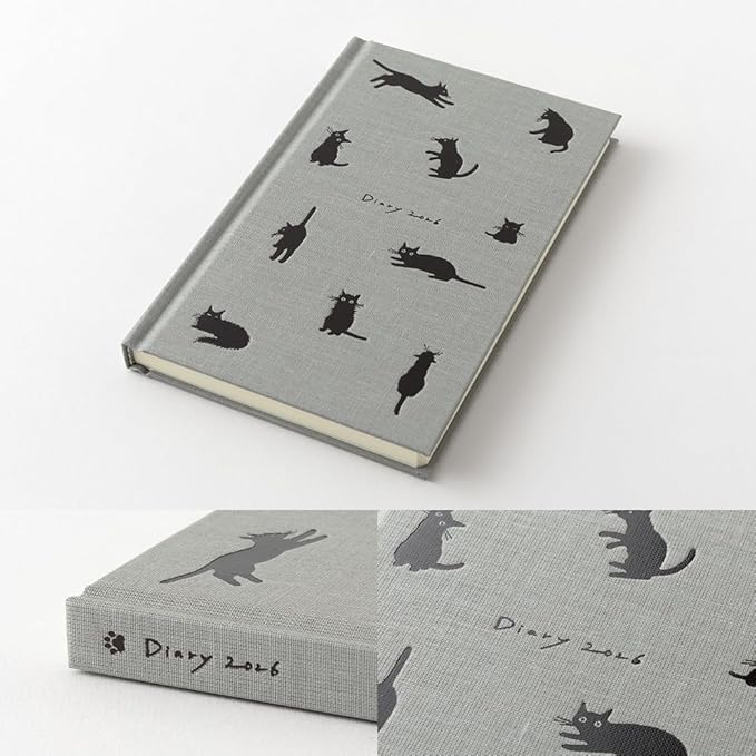 Midori 22377006 Book-style Diary, 2026, B6 Variation, Weekly Cat Pattern, Gray (Begins January 2026)