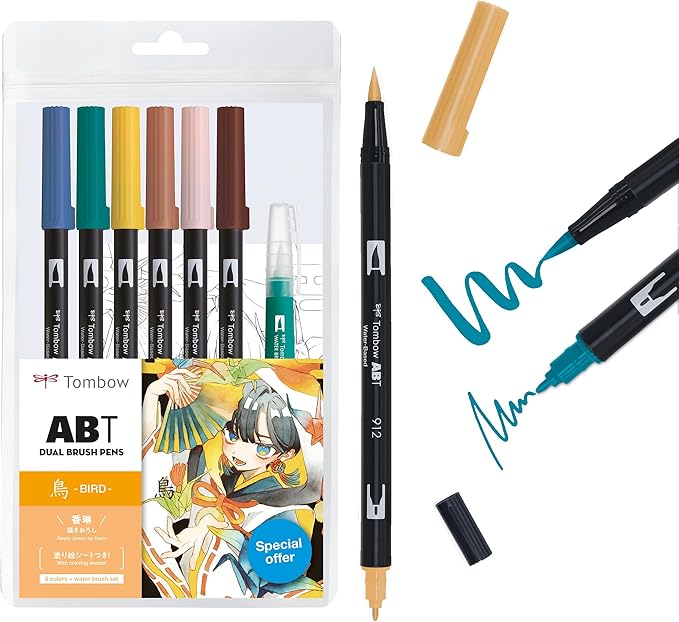 TOMBOW Pencil Brush Pen Dual Brush Pen ABT 6 Colors & Water Brush Illustration Set Flower AB-T6CFRQA