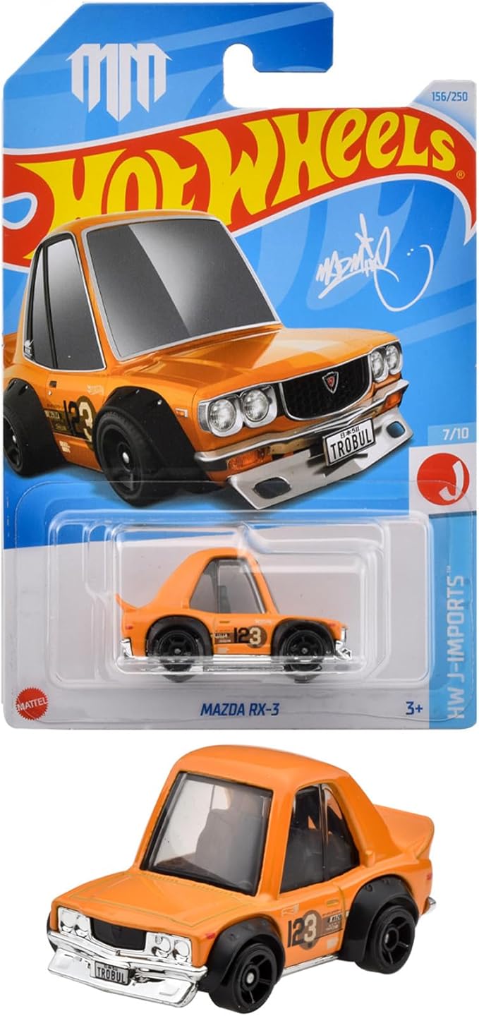 Hot Wheels HXR07 Basic Car, Mazda RX-3 Vehicle Toy, Minicar, 3 Years Old and Up, Orange