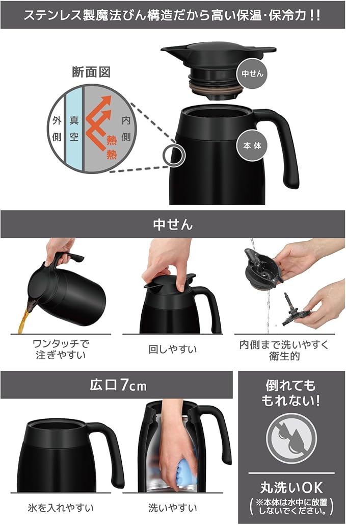 Thermos TTB-2001 MTBK Stainless Steel Pot, Matte Black, Insulated Tabletop Pot, Vacuum-Sealed Bottle Structure, Keeps Contents Hot or Cold