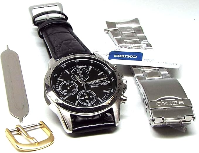 Seiko SND367P1 Chronograph Wristwatch, Genuine Leather Strap Set, Domestic Genuine Distribution, Black, 1 piece