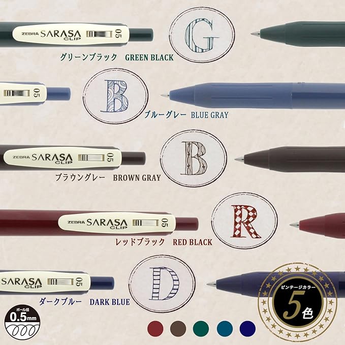 Zebra gel ball pen Sarasa clip 0.5 Vintage 5 color JJ15-5C-VI