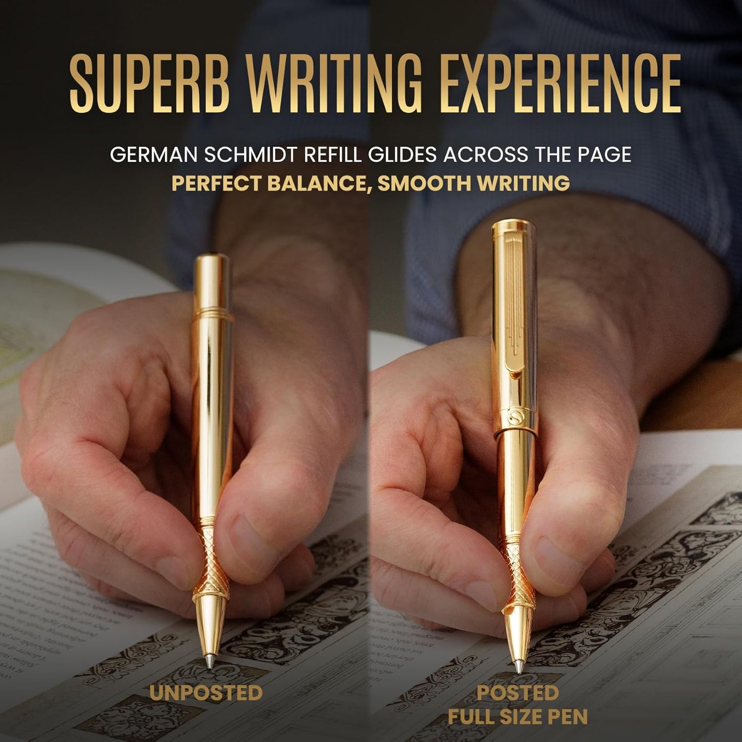 Scriveiner Heavy Gold Rollerball Pen, German Schmidt Refill, Best EDC Writing Pen Gift Set for Men & Women, Nice Fancy Office Pen, Award Winning Luxury Pocket Pen, Real Gold Plated Finish