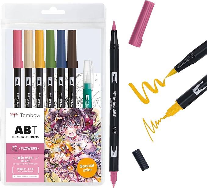 TOMBOW Pencil Brush Pen Dual Brush Pen ABT 6 Colors & Water Brush Illustration Set Flower AB-T6CFRQA